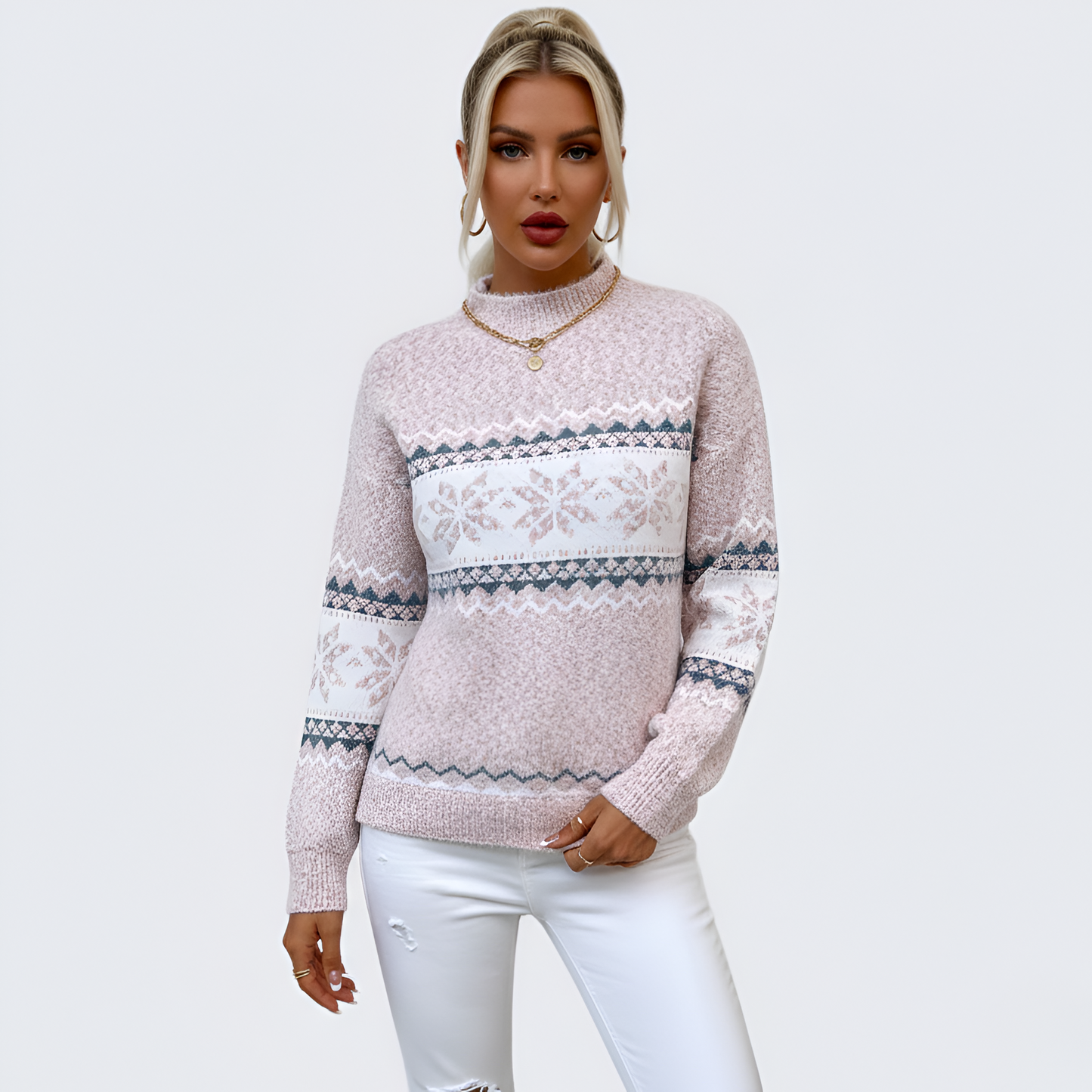 Women's Mock Neck Sweater Fair Isle Knit Long Sleeve Winter
