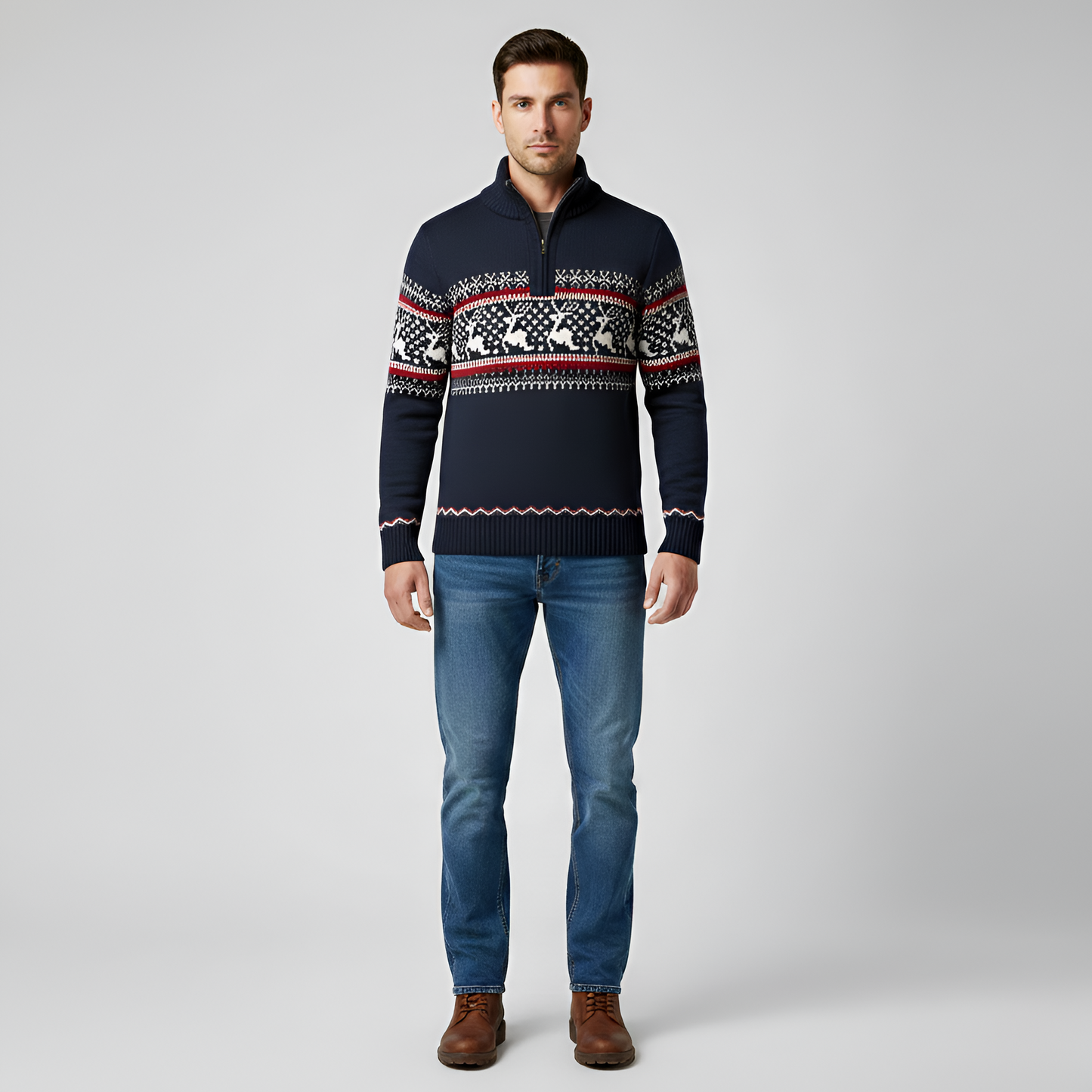 Men's Wool Blend Half Zip Sweater Fair Isle Pattern - VibreMode