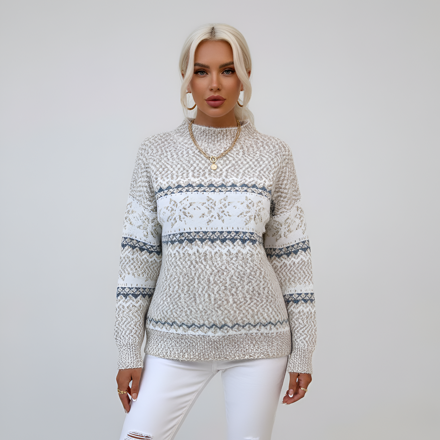 Women's Mock Neck Sweater Fair Isle Knit Long Sleeve Winter - VibreMode