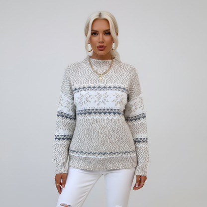 Women's Mock Neck Sweater Fair Isle Knit Long Sleeve Winter - VibreMode