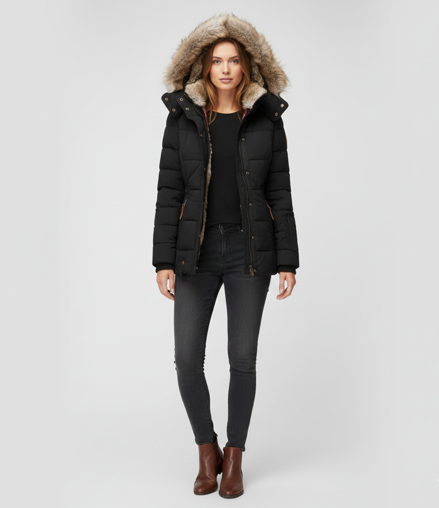 Women's Insulated Quilted Coat Hooded Faux Fur Trim Black