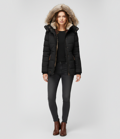 Women's Insulated Quilted Coat Hooded Faux Fur Trim Black