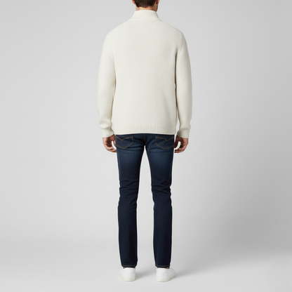 Men's Classic White Sweater Ribbed Full-Zip Cardigan
