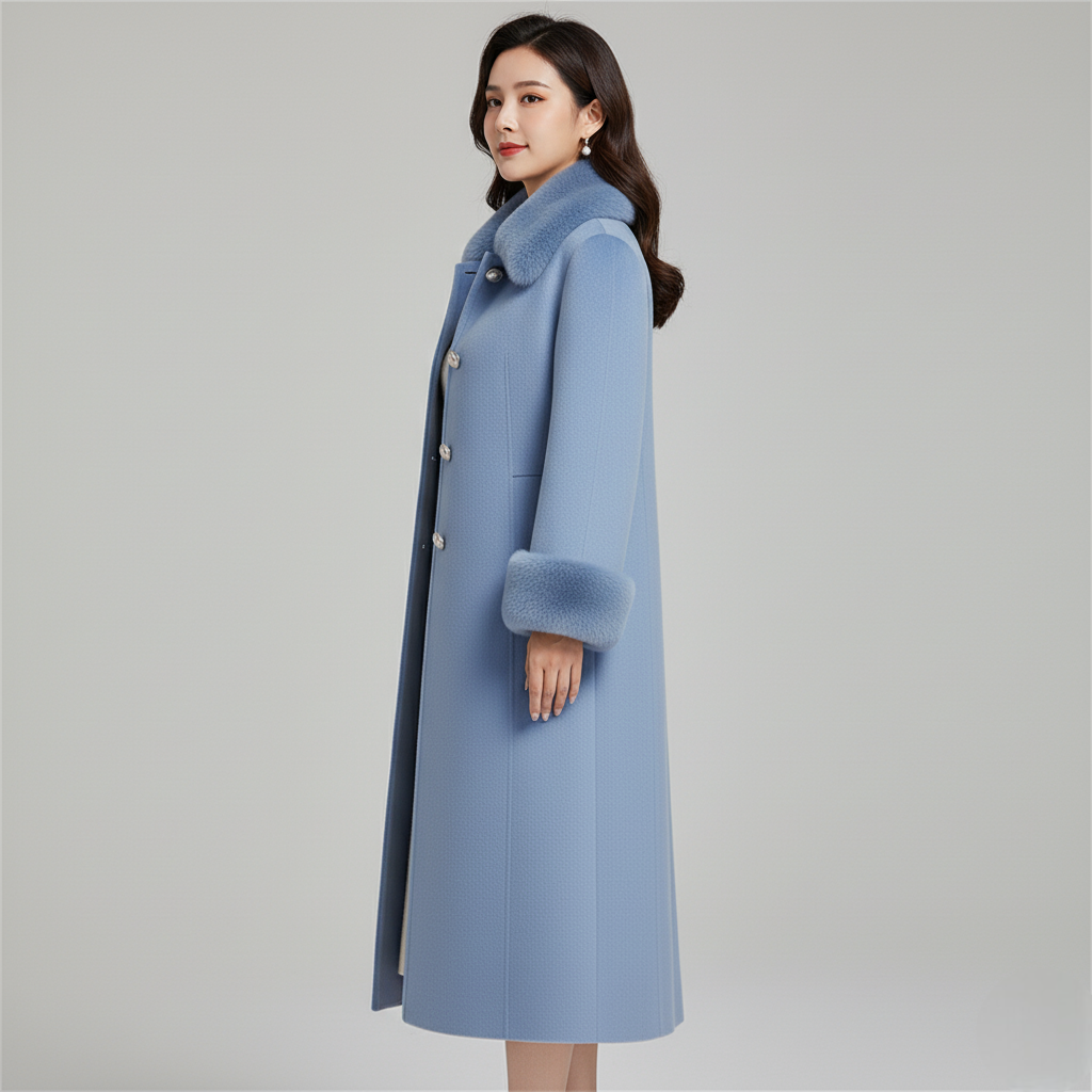 Women's Blue Long Wool Coat Faux Fur Collar