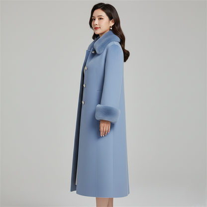 Women's Blue Long Wool Coat Faux Fur Collar