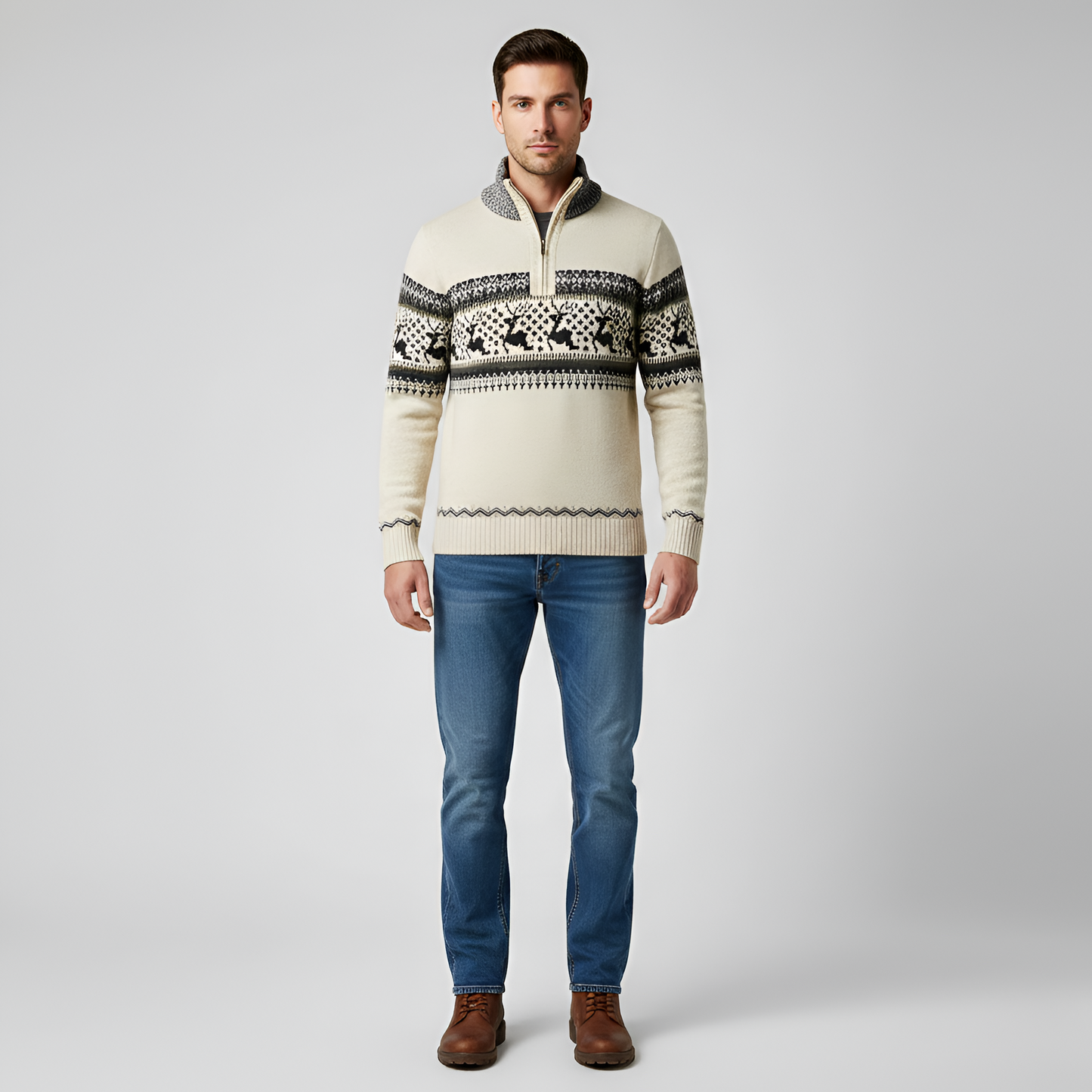 Men's Wool Blend Half Zip Sweater Fair Isle Pattern