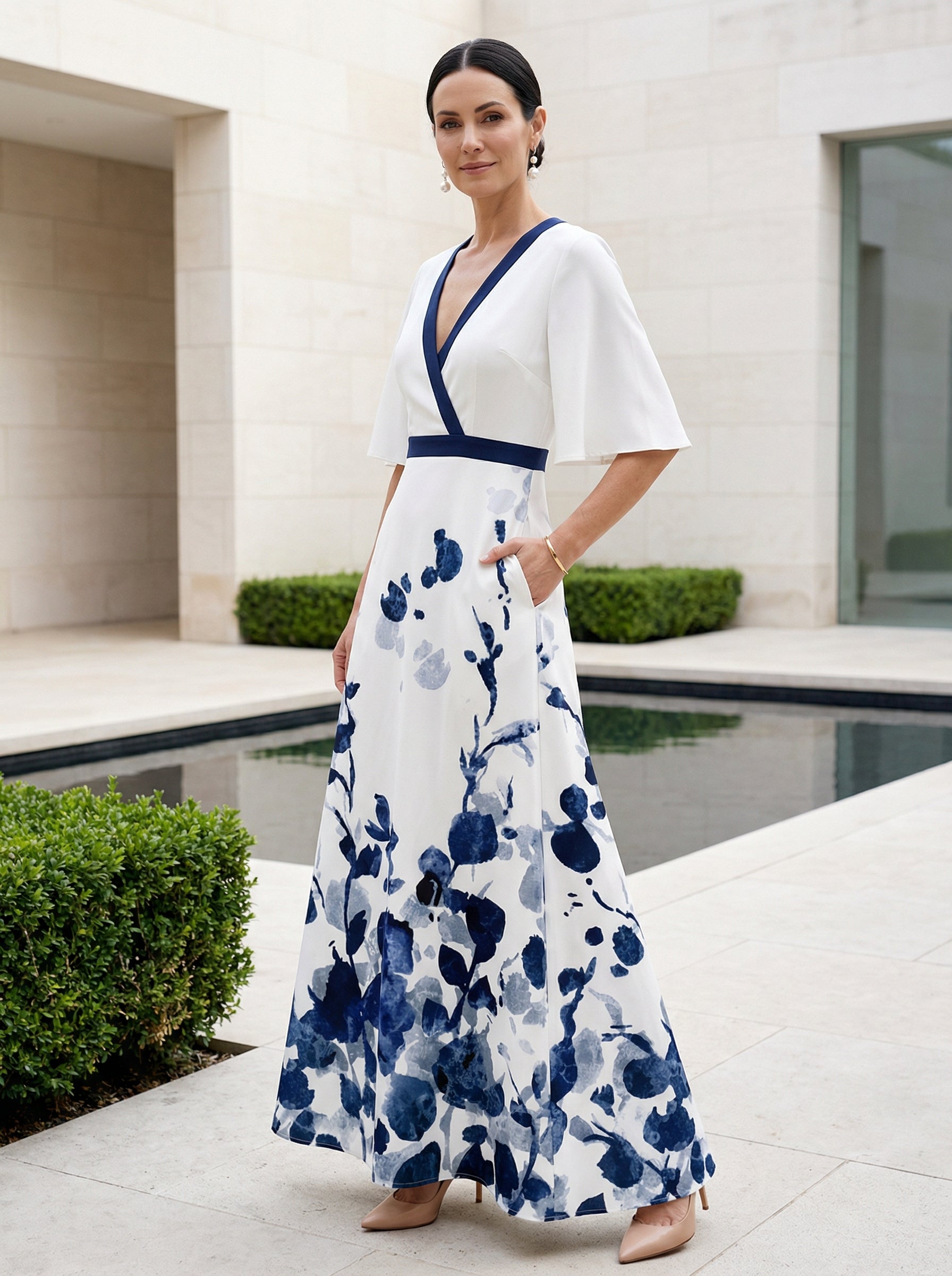 Women's Floral Maxi Dress V-Neck Flutter Sleeves - VibreMode