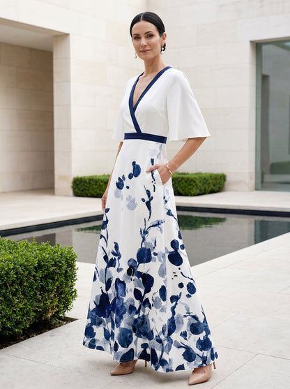 Women's Floral Maxi Dress V-Neck Flutter Sleeves - VibreMode