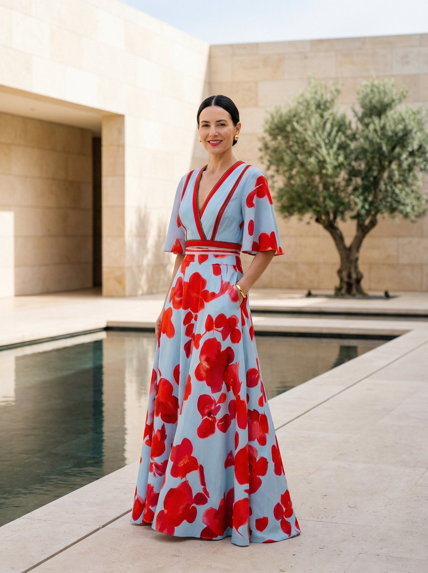 Women's Floral Maxi Dress V-Neck Flutter Sleeves