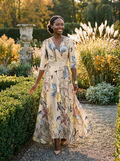 Women's Floral Maxi Dress V-Neck Flutter Sleeves