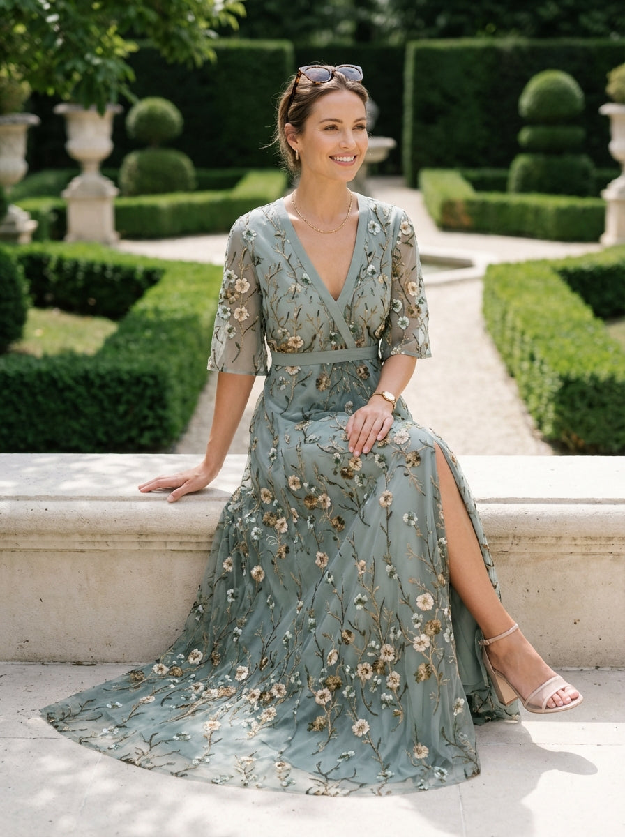 Women's Floral Maxi Dress V-Neck Flutter Sleeves