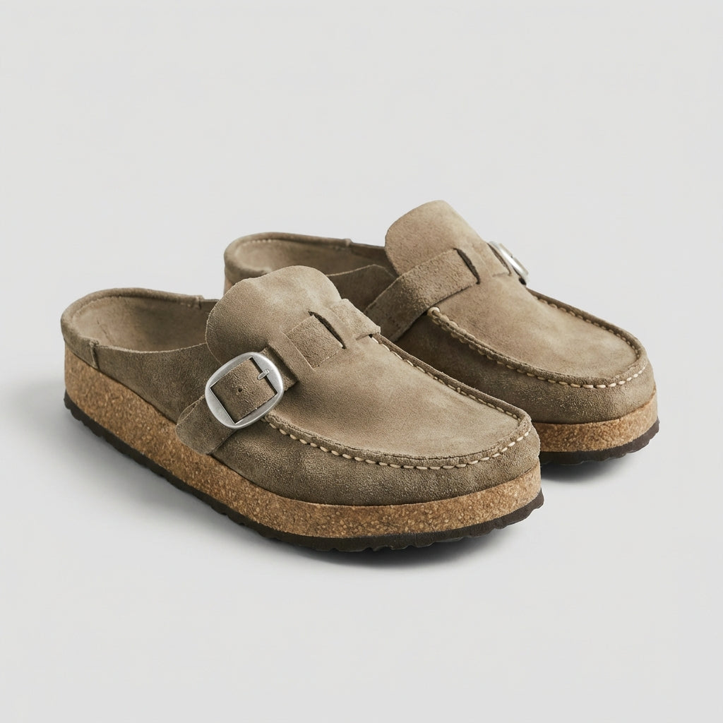 Suede Slip On Mules Cork Platform Buckle Accent