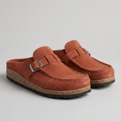 Suede Slip On Mules Cork Platform Buckle Accent