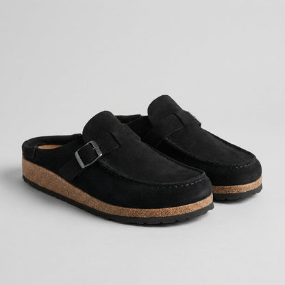 Suede Slip On Mules Cork Platform Buckle Accent