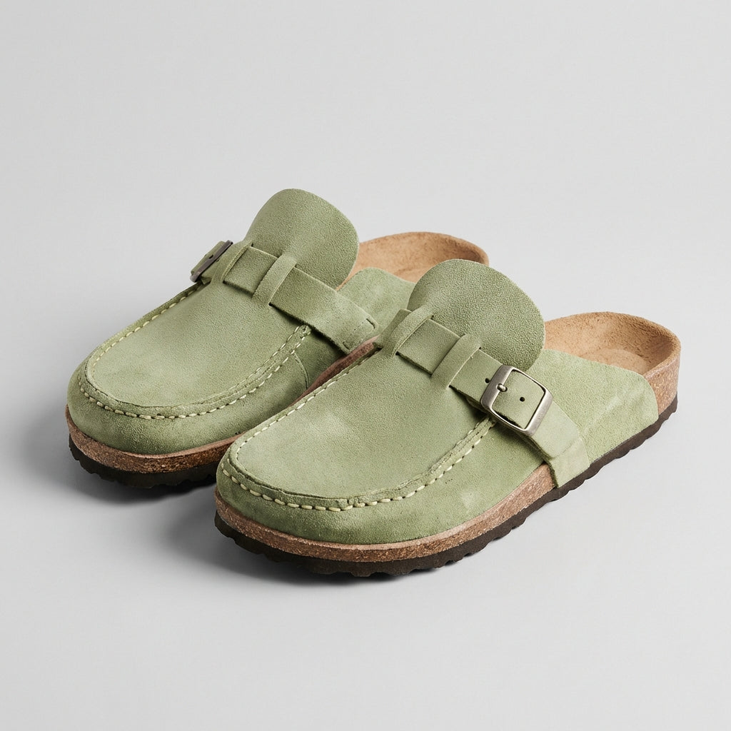 Suede Slip On Mules Cork Platform Buckle Accent