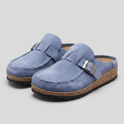 Suede Slip On Mules Cork Platform Buckle Accent