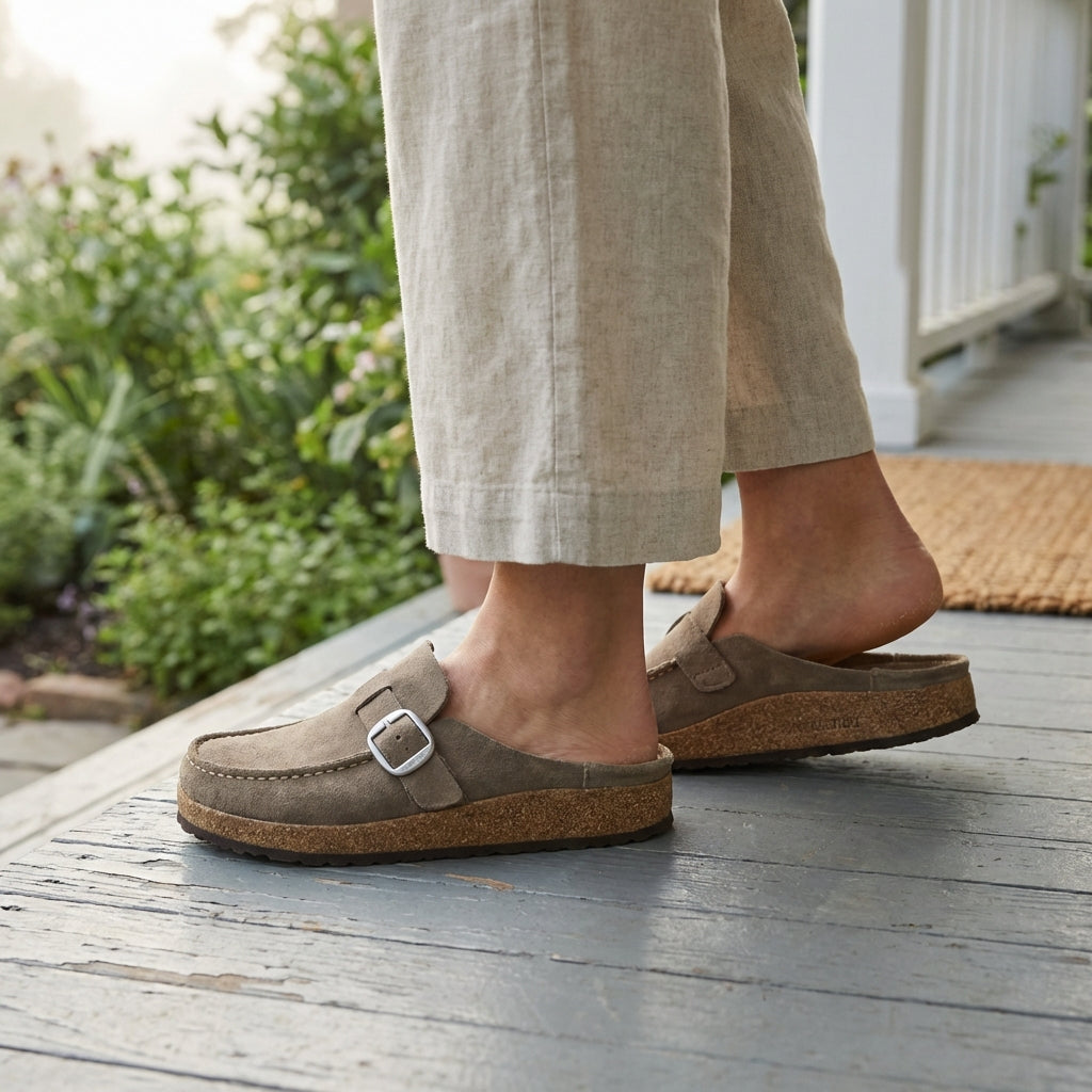 Suede Slip On Mules Cork Platform Buckle Accent - VibreMode