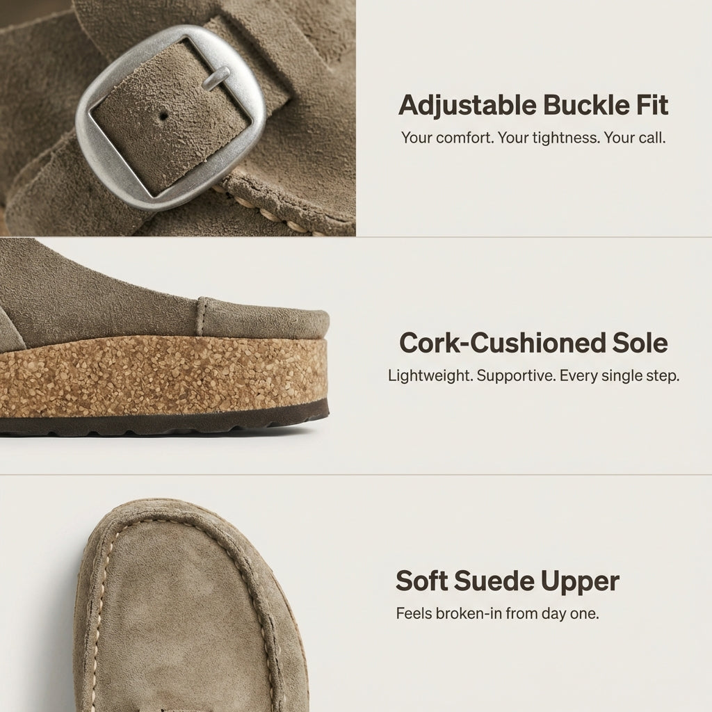 Suede Slip On Mules Cork Platform Buckle Accent