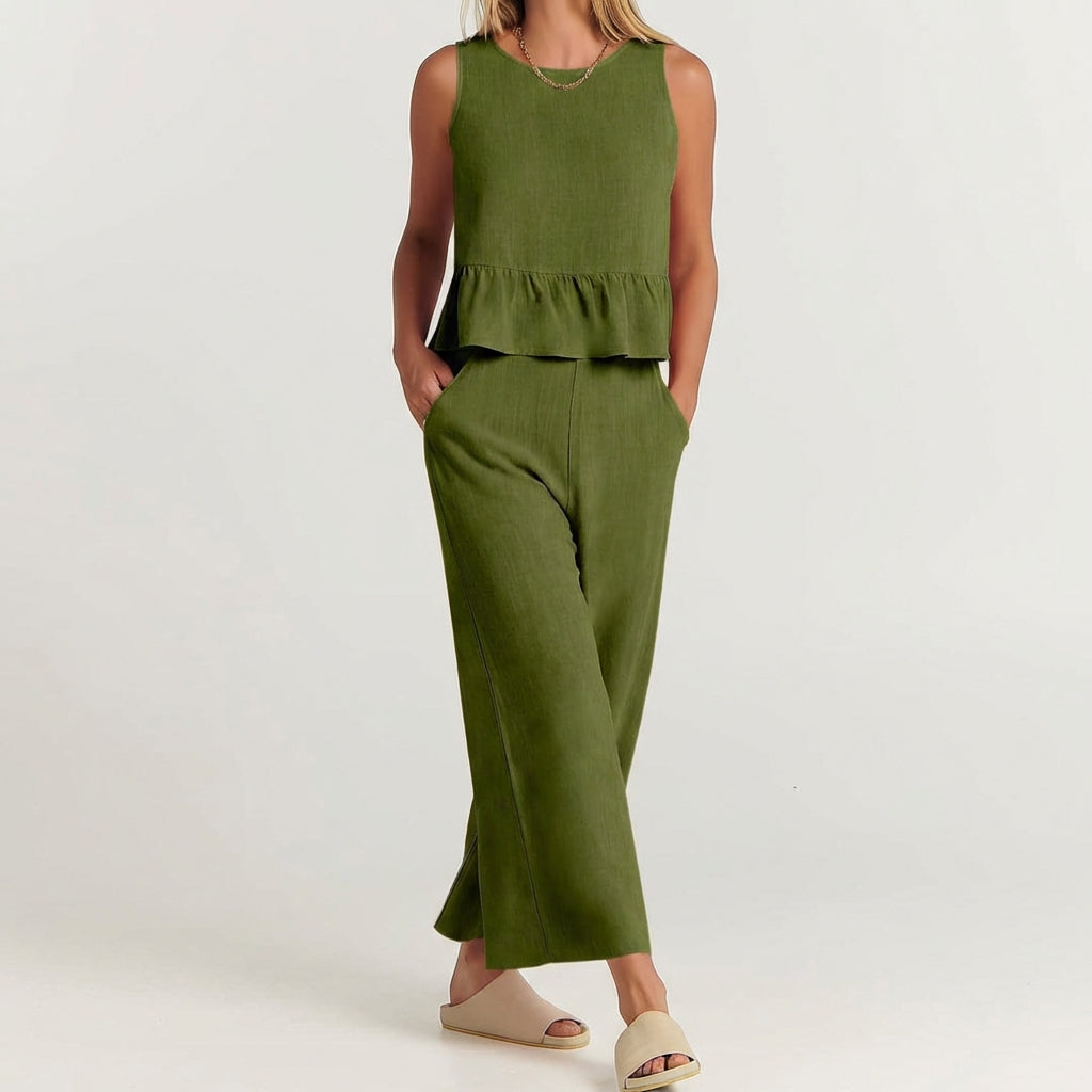 Women's Linen Peplum And Pant Set - VibreMode