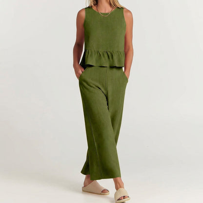 Women's Linen Peplum And Pant Set - VibreMode
