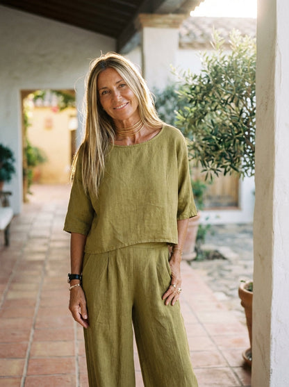 Women's Linen Two Piece Wide Leg Pants Set - VibreMode