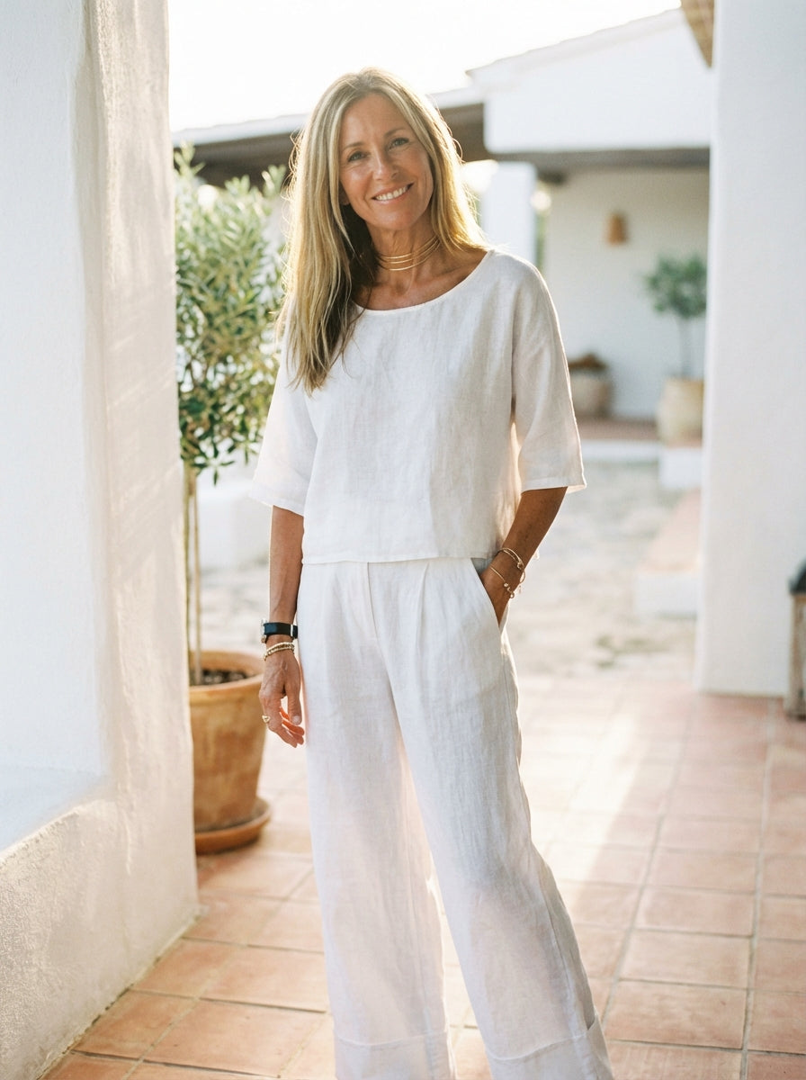 Women's Linen Two Piece Wide Leg Pants Set
