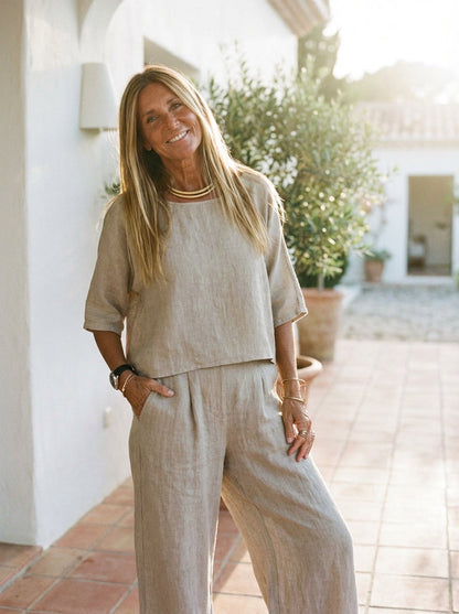Women's Linen Two Piece Wide Leg Pants Set