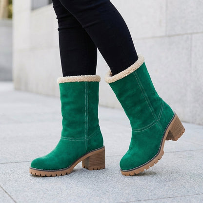Women's Fur Lined Mid Calf Boots Lug Sole Block Heel