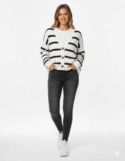 Women's Striped Knit Cardigan Sweater Relaxed Fit