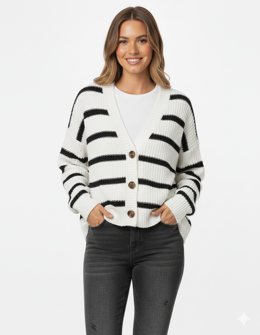 Women's Striped Knit Cardigan Sweater Relaxed Fit - VibreMode