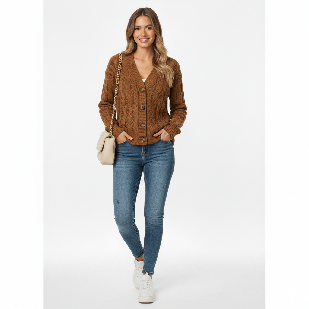 Women's Cable Knit Cardigan Slim Fit Button Front Closure