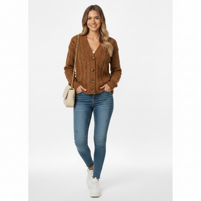 Women's Cable Knit Cardigan Slim Fit Button Front Closure