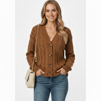 Women's Cable Knit Cardigan Slim Fit Button Front Closure - VibreMode