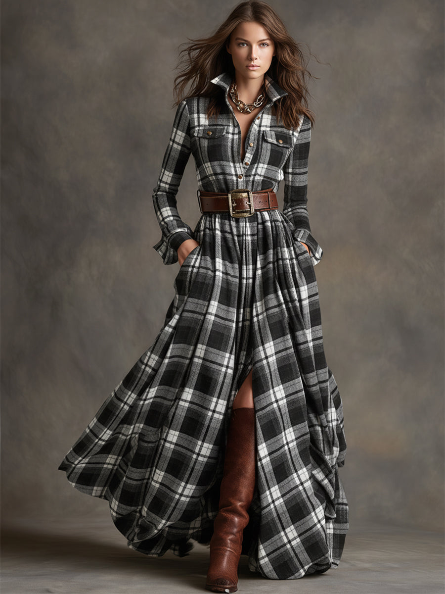 Ladies Classic Checked Long Sleeve Maxi Dress