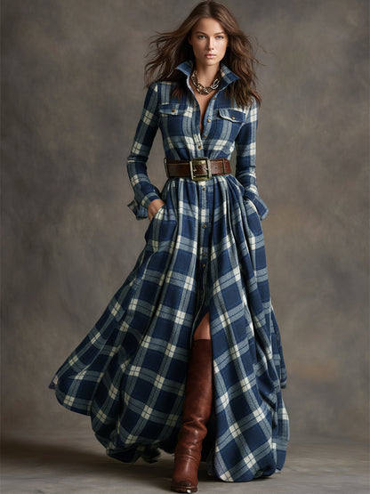 Ladies Classic Checked Long Sleeve Maxi Dress