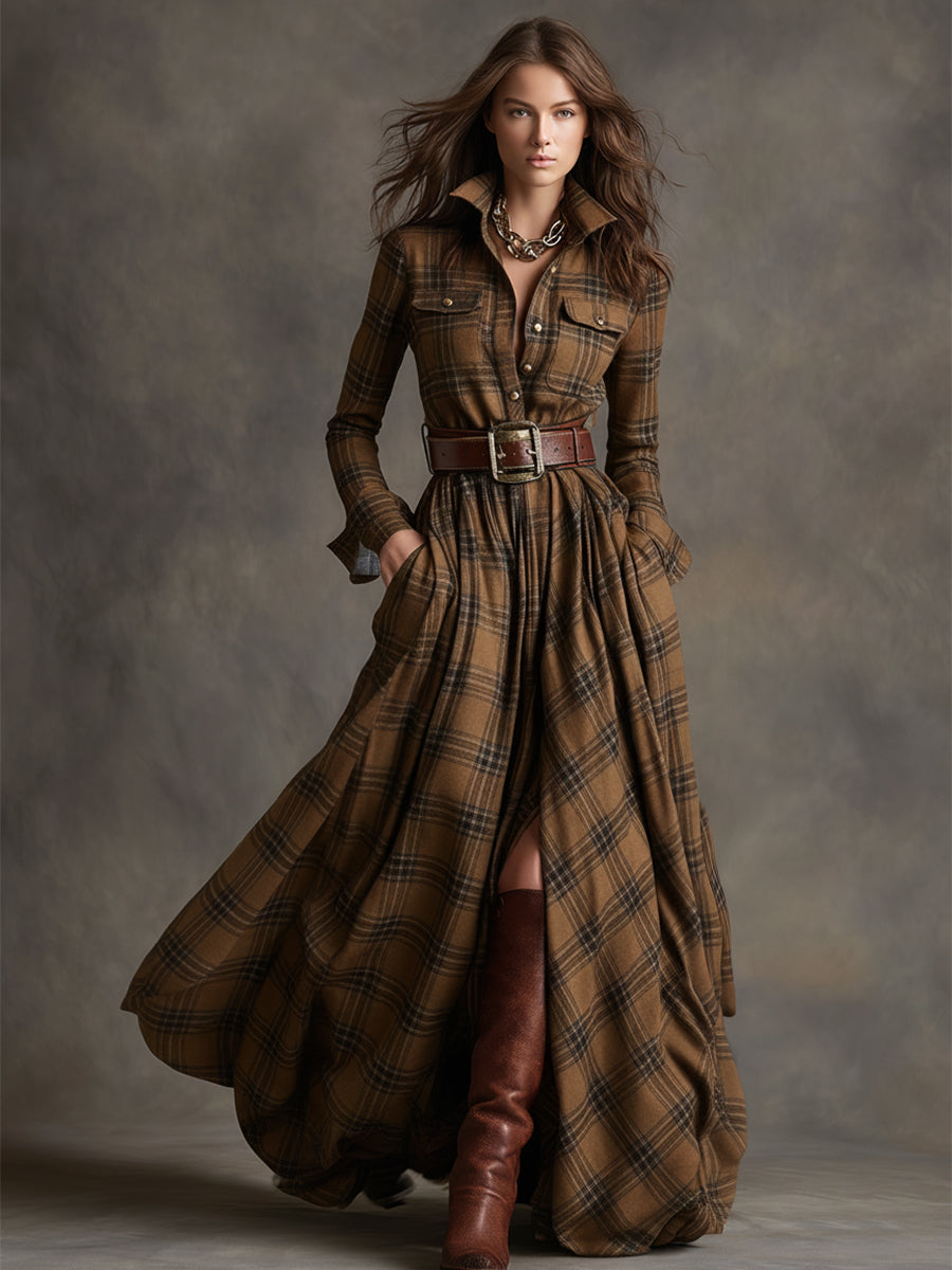 Ladies Classic Checked Long Sleeve Maxi Dress