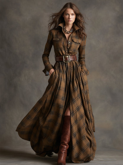 Ladies Classic Checked Long Sleeve Maxi Dress