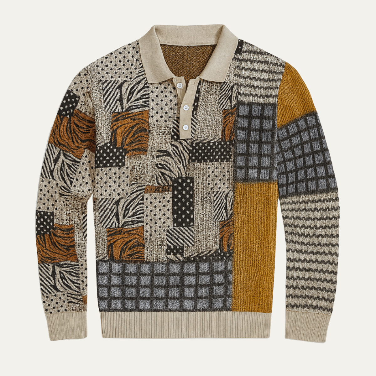 Men's Patchwork Polo Sweater Button Neck - VibreMode