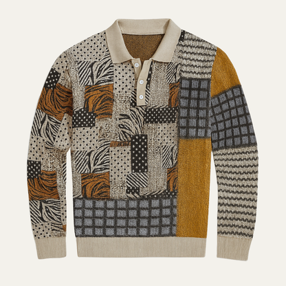Men's Patchwork Polo Sweater Button Neck - VibreMode