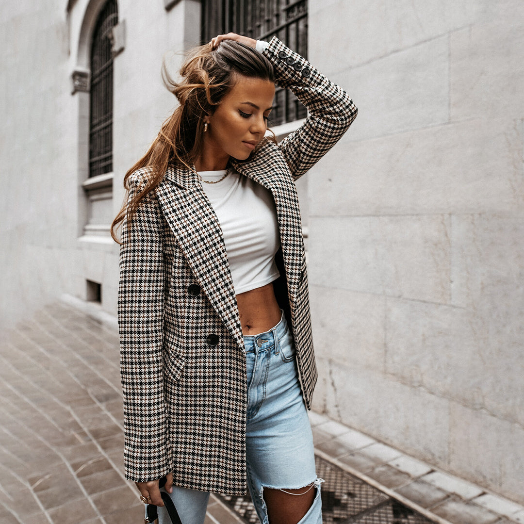 Women's Checkered Cotton Blazer Tailored Fit