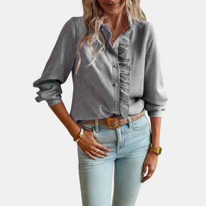 Women's Striped Blouse Ruffled Button Front