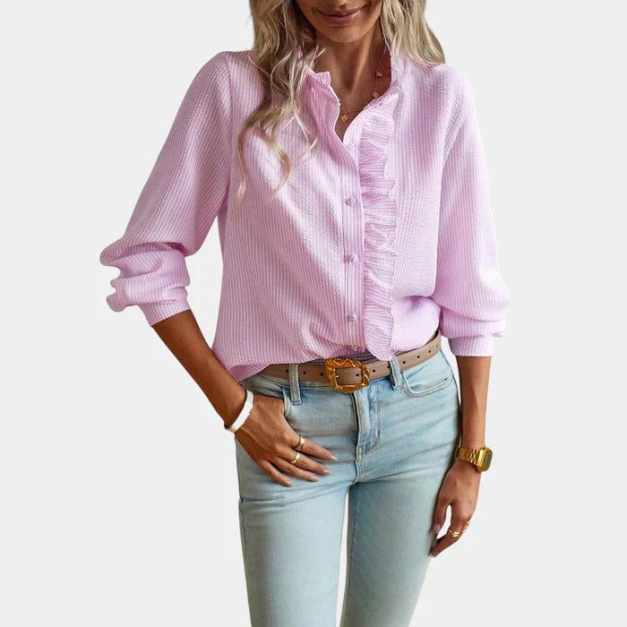 Women's Striped Blouse Ruffled Button Front - VibreMode