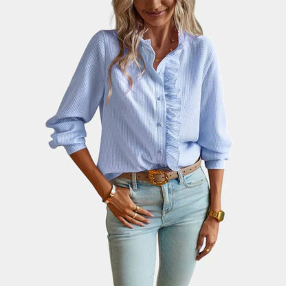 Women's Striped Blouse Ruffled Button Front