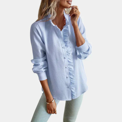 Women's Striped Ruffle Blouse Button Front