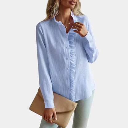 Women's Striped Blouse Ruffled Button Front