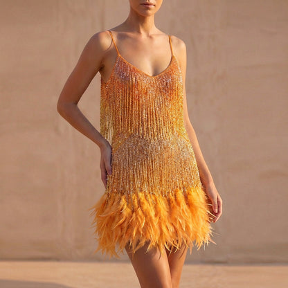 Women's Mini Dress Fringe Feather Beaded