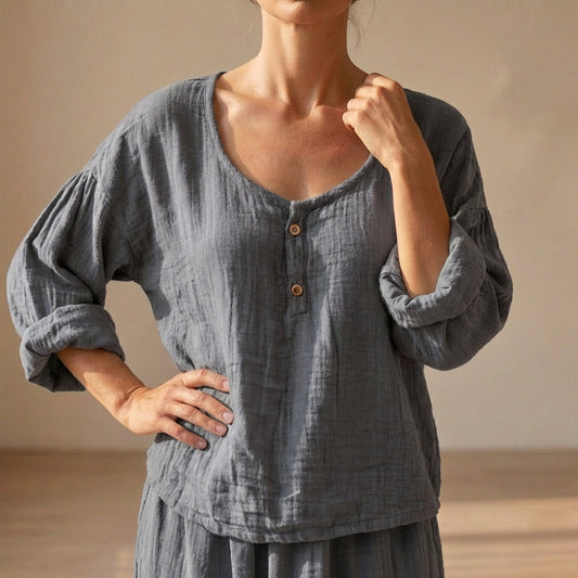 Women's Cotton Blend V-Neck Blouse Textured Sleeves - VibreMode