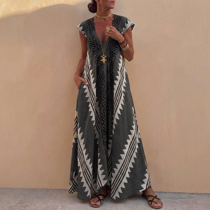 Bohemian A-Line Maxi Dress Deep V-Neck Geometric Print - VibreMode