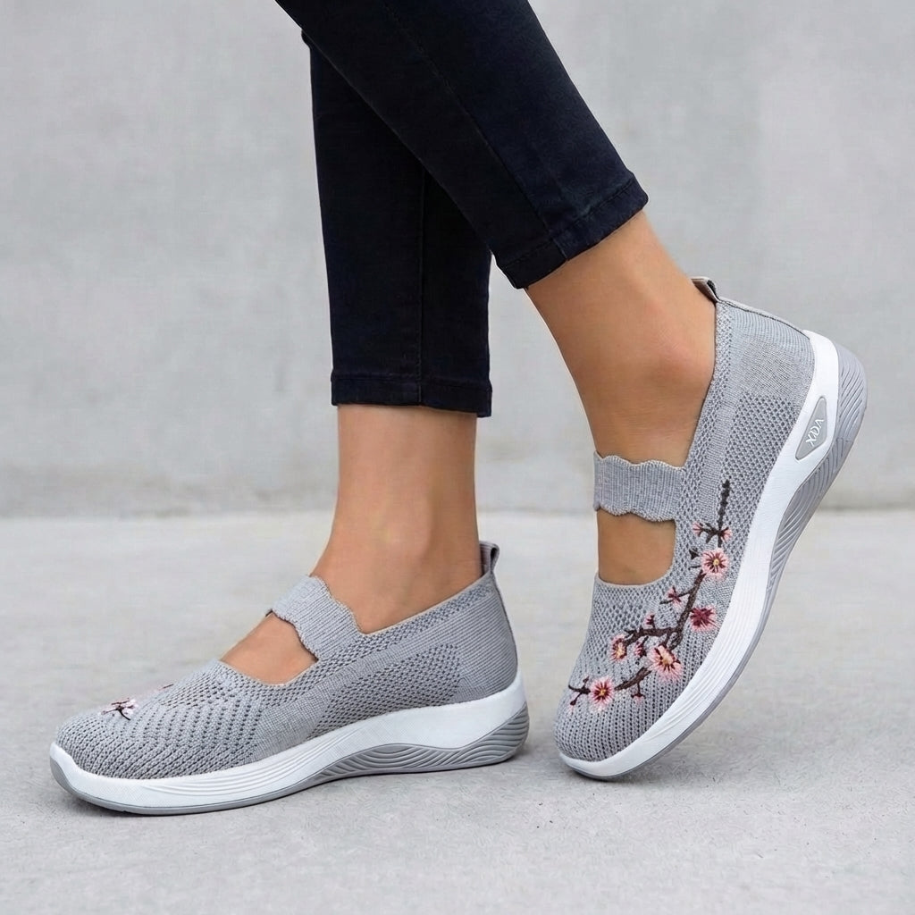 Women's Knit Mesh Mary Jane Flats Floral Embroidery