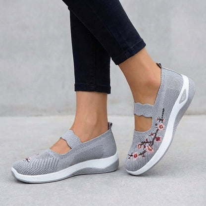 Women's Knit Mesh Mary Jane Flats Floral Embroidery